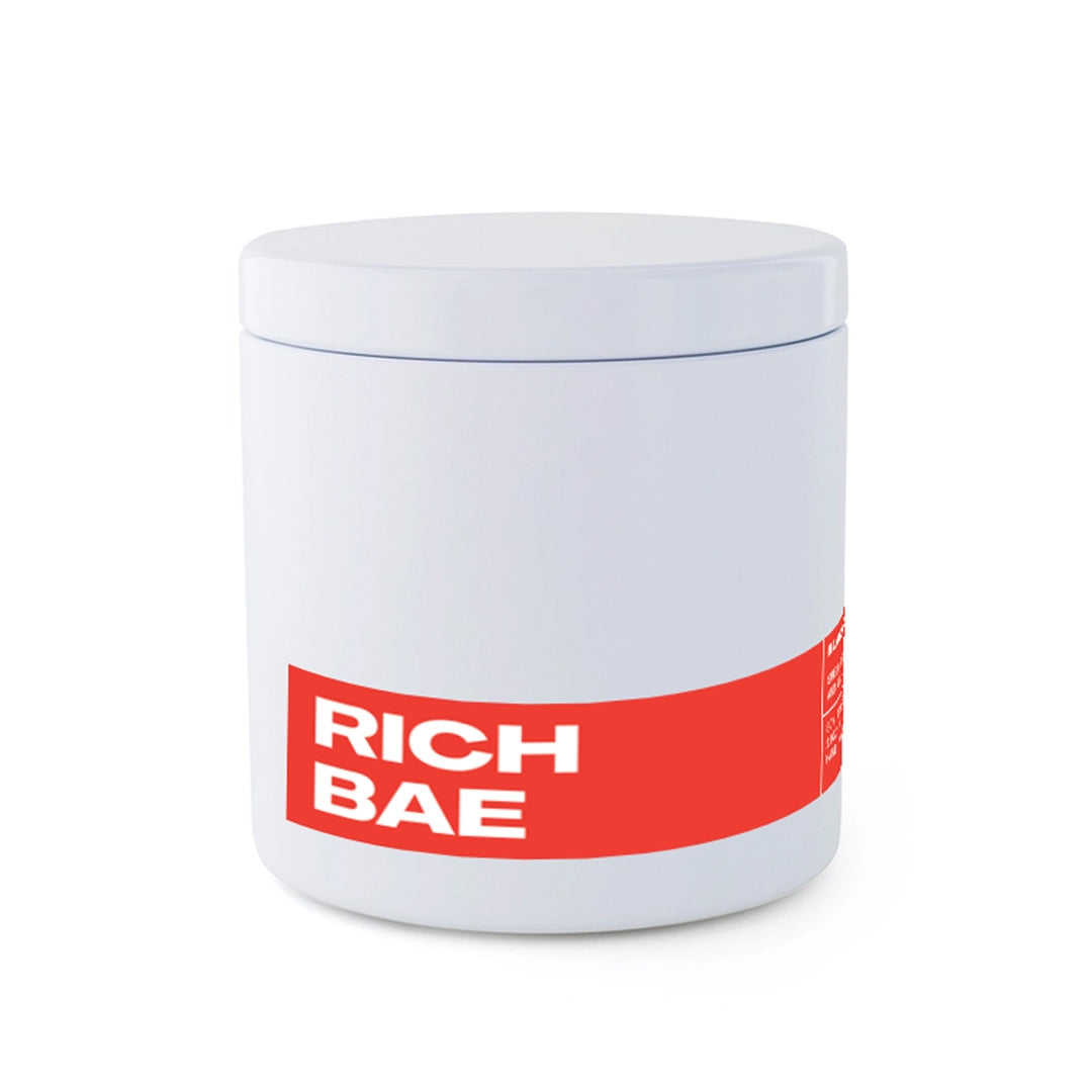Rich Bae Candle in white tin with lid. Double Wicked.