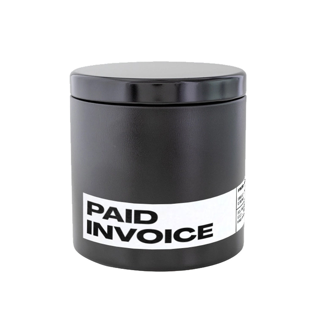 Paid Invoice Candle in 11 oz Black Tin with double wicks.